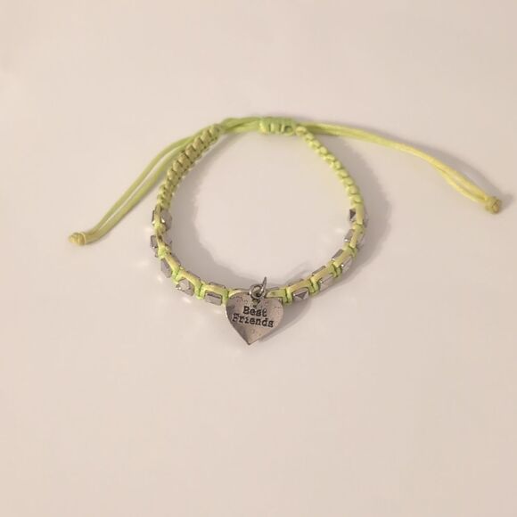 829 Lime Green Strand Silver Beaded Adjustable Slider Bracelet with Silver Charm - Picture 3 of 4